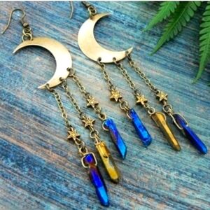 NWOT Free People Celestial Moon & Multi Colored Crystal Earrings